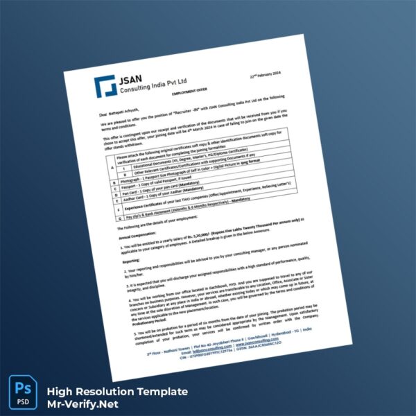 Editable India JSAN Consulting India Pvt Ltd Employment Offer Letter Word and Pdf Template Preview - Mac Doc