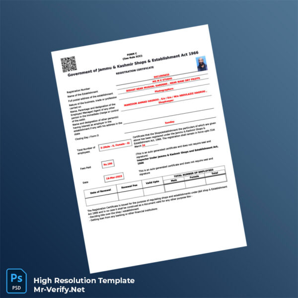 India%20Jammu%20Kashmir%20Shops%20Establishment%20Act%201966%20Registration%20Certificate%20Template%20in%20Word%20and%20PDF%20formats Editable India Jammu Kashmir Shops Establishment Act 1966 Registration Certificate Word and Pdf Template Preview