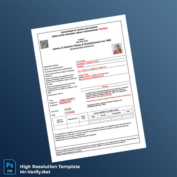 Editable India Jammu Kashmir Shops Establishment Act Registration Certificate Word and Pdf Template Preview - Mac Doc