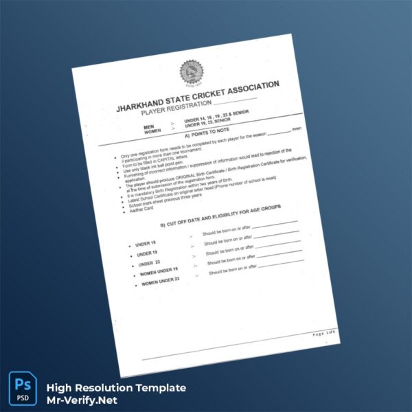 Editable India Jharkhand State Cricket Association Registration Form Word and Pdf Template Preview - Mac Doc