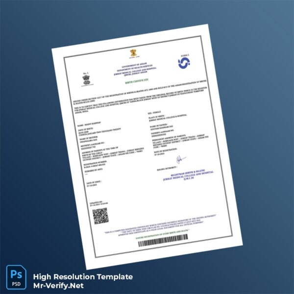Editable India Jorhat Medical College and Hospital Birth Registration Certificate Word and Pdf Template Preview - Mac Doc