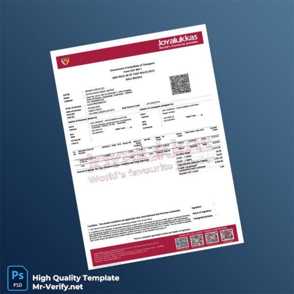 India Joyalukkas India Limited Sale Invoice Template in Word and PDF formats India Joyalukkas India Limited Sale Invoice Template in Word and PDF formats