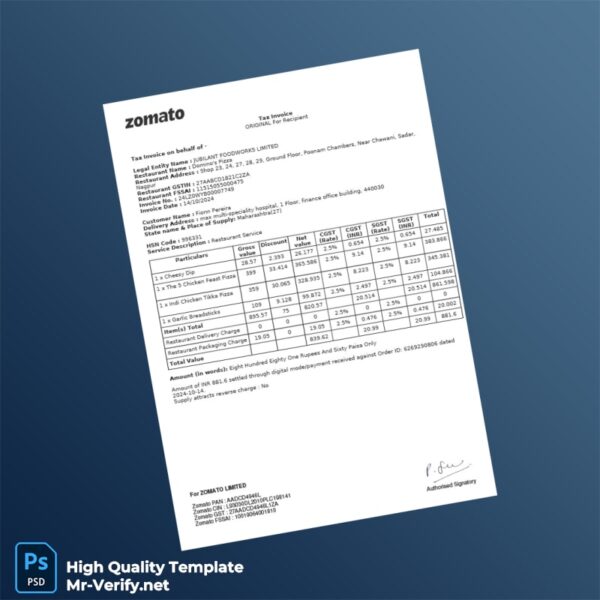 India Jubilant Foodworks Limited Invoice Template in Word and PDF formats India Jubilant Foodworks Limited Invoice Template in Word and PDF formats