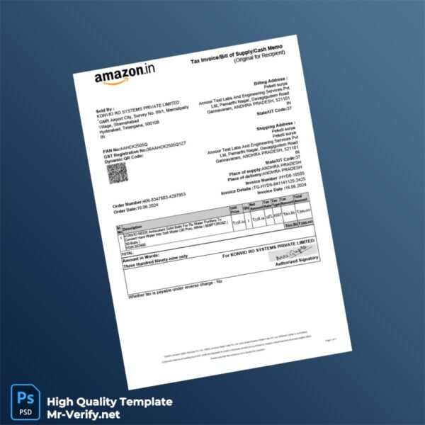 India KONVIO RO SYSTEMS PRIVATE LIMITED Invoice Template in Word and PDF formats