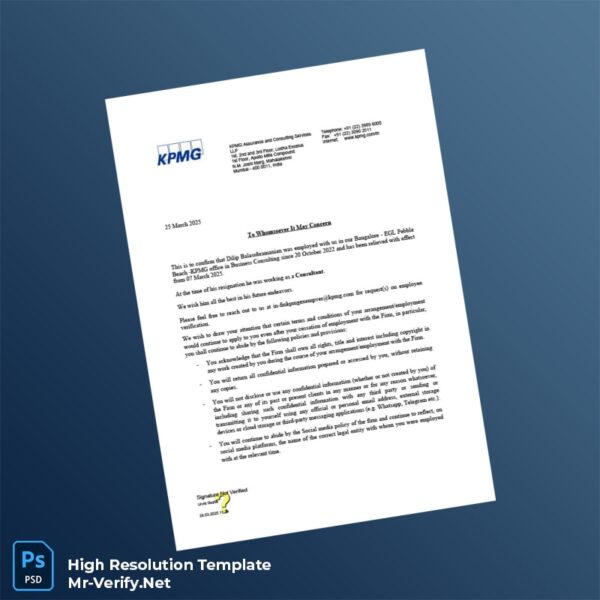 Editable India KPMG Employment Verification Letter Word and Pdf Template Preview - Mac Doc