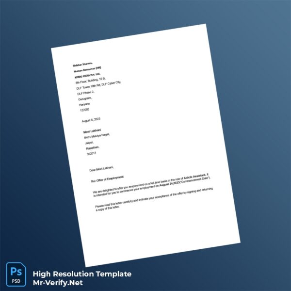 Editable India KPMG INDIA Pvt Ltd Employment Verification Letter Word and Pdf Template Preview - Mac Doc