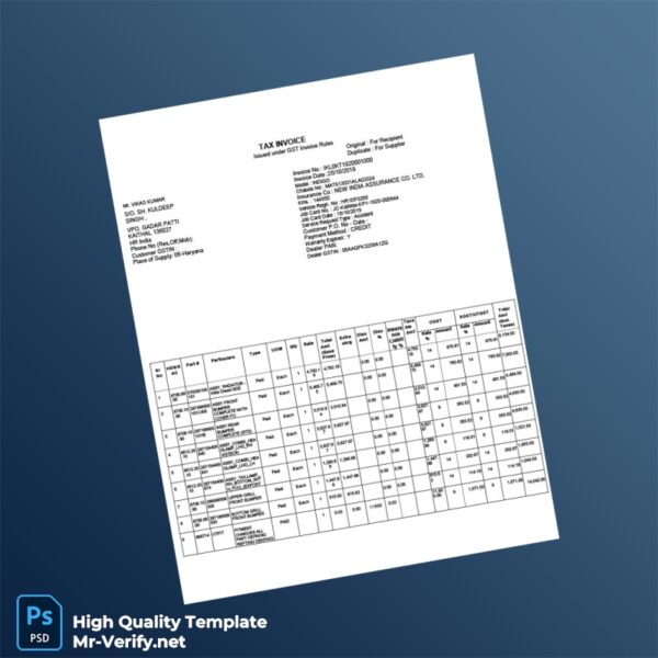 India Kalair Motors Tax Invoice Template in Word and PDF formats