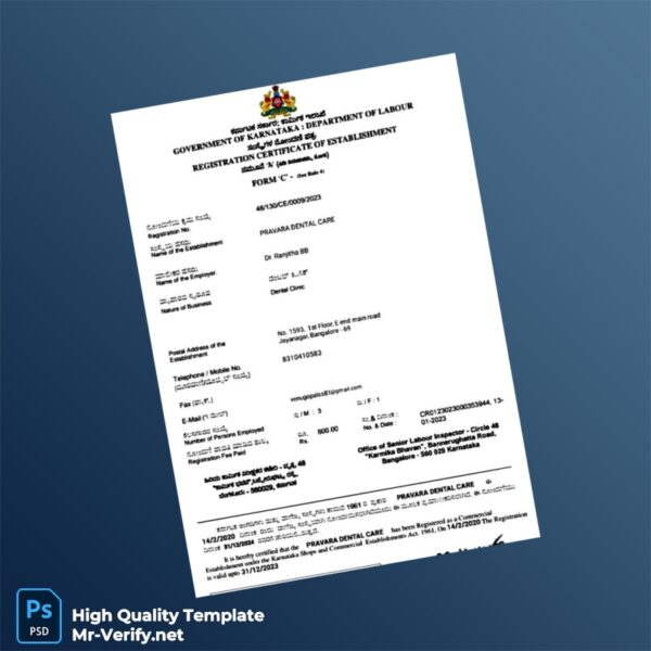 India Karnataka Commercial Registration Certificate Template in Word and PDF formats