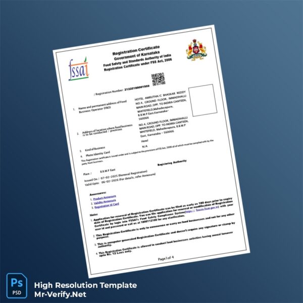 Editable India Karnataka Food Registration Certificate Word and Pdf Template Preview - Mac Doc