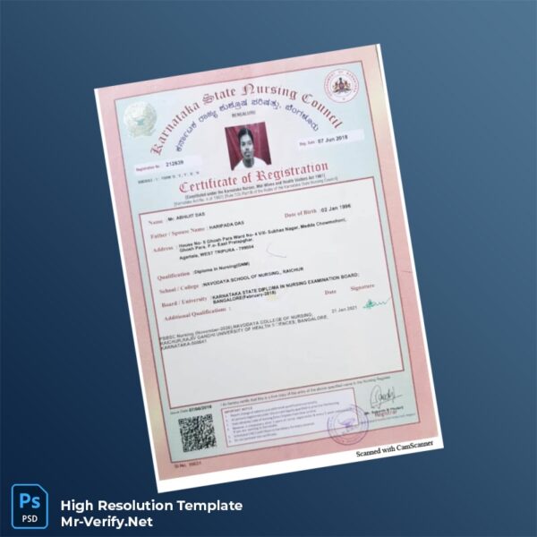 Editable India Karnataka Nursing Council Certificate of Registration Word and Pdf Template Preview - Mac Doc
