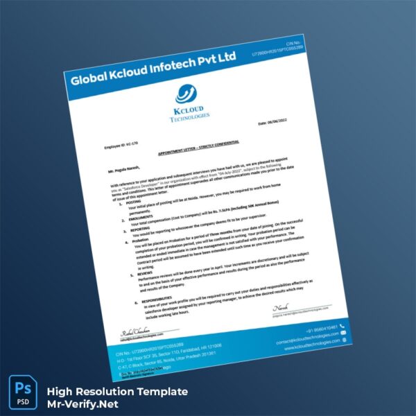 Editable India Kcloud Technologies Employment Verification Letter Word and Pdf Template Preview - Mac Doc