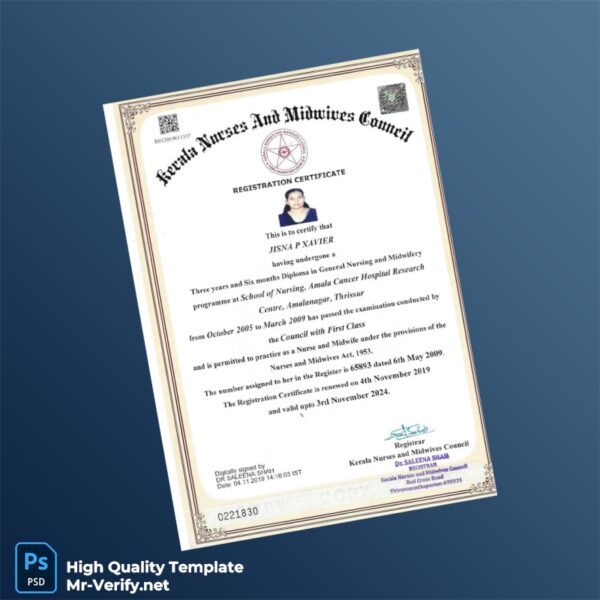 India Kerala Nurses and Midwives Council Registration Certificate Template in Word and PDF formats