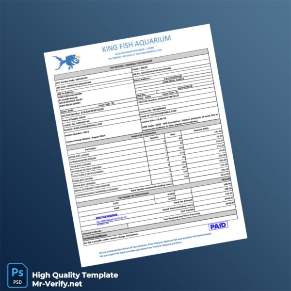 India King Fish Aquarium Tax Invoice Template in Word and PDF formats