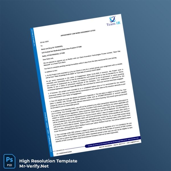 Editable India KiranaKart Technologies Private Limited Employment Verification Letter Word and Pdf Template Preview - Mac Doc