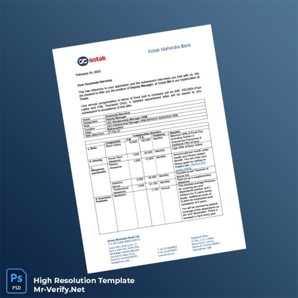 Editable India Kotak Mahindra Bank Employment Verification Letter Word and Pdf Template Preview - Mac Doc