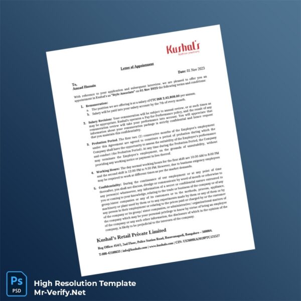 Editable India Kushal s Retail Private Limited Employment Verification Letter Word and Pdf Template Preview - Mac Doc