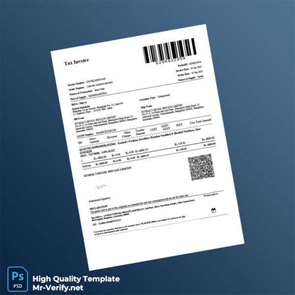 India Kushal s Retail Private Limited Tax Invoice Template in Word and PDF formats