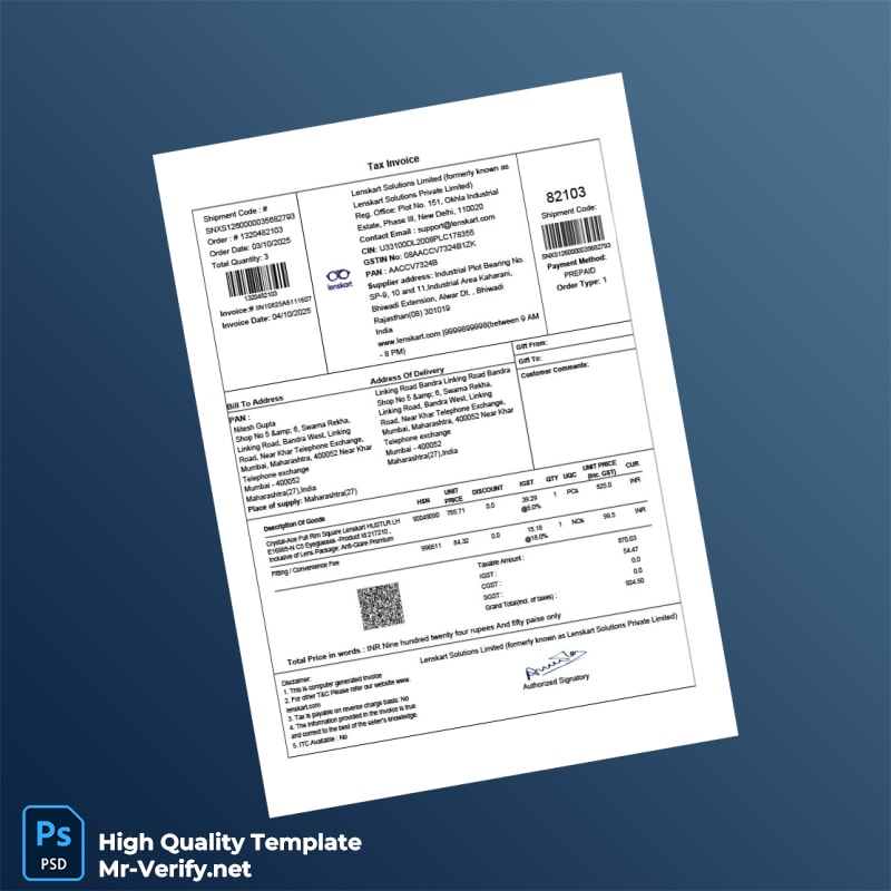 India Lenskart Solutions Limited Invoice Template in Word and PDF formats India Lenskart Solutions Limited Invoice Template in Word and PDF formats