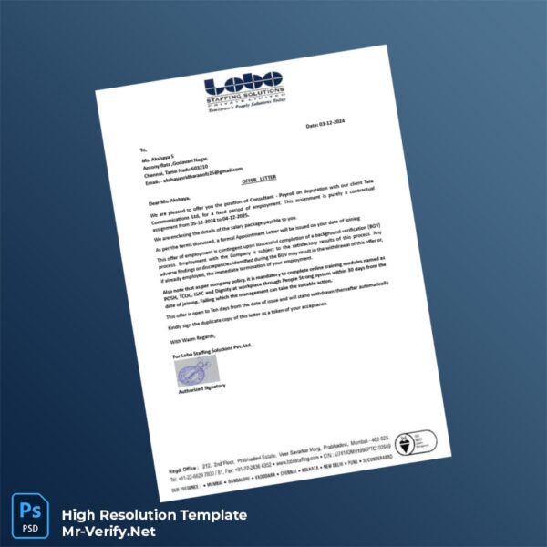 Editable India Lobo Staffing Solutions Pvt Ltd Employment Verification Letter Word and Pdf Template Preview - Mac Doc