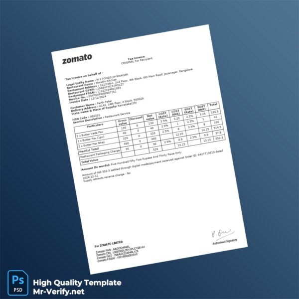 India M K FOODS JAYANAGAR Tax Invoice Template in Word and PDF formats