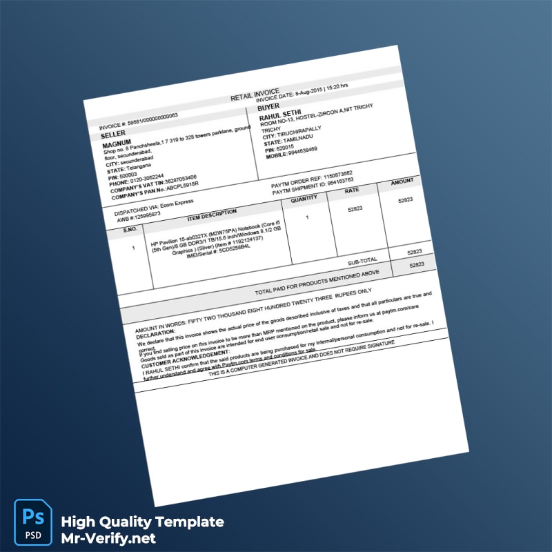 India MAGNUM Invoice Template in Word and PDF formats India MAGNUM Invoice Template in Word and PDF formats