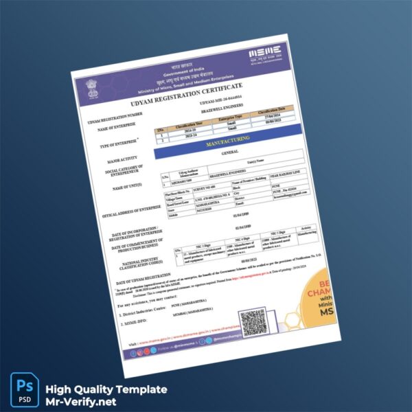 India MSME Department Udyam Registration Certificate Template in Word and PDF formats
