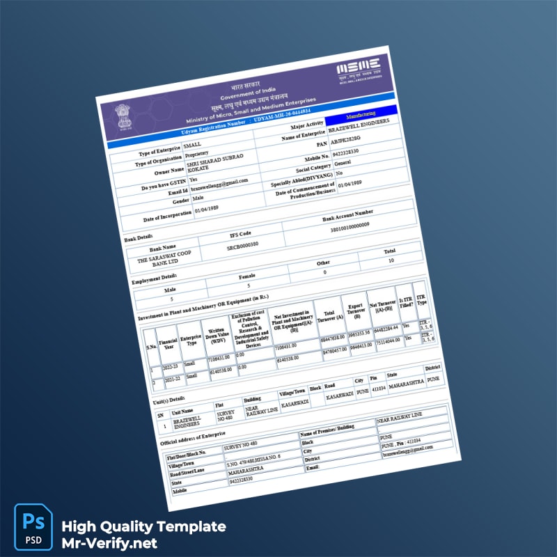 India MSME Department Udyam Registration Certificate Template in Word and PDF formats page 2 India MSME Department Udyam Registration Certificate Template in Word and PDF formats page 2