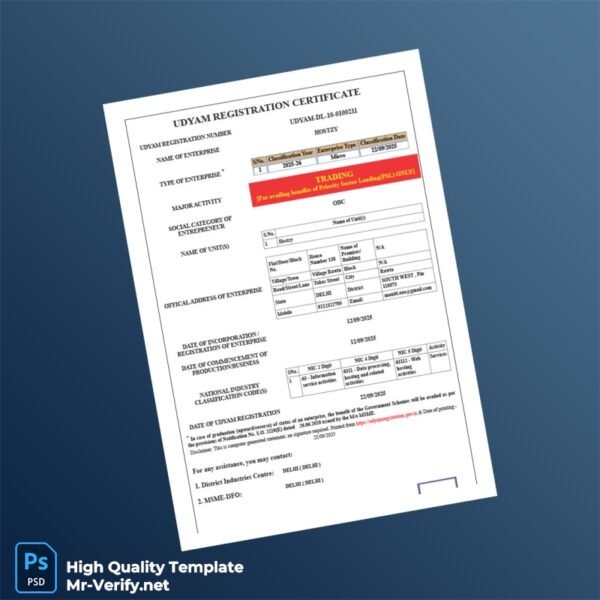 India MSME Editable Business Registration Certificate Template in Word and PDF formats