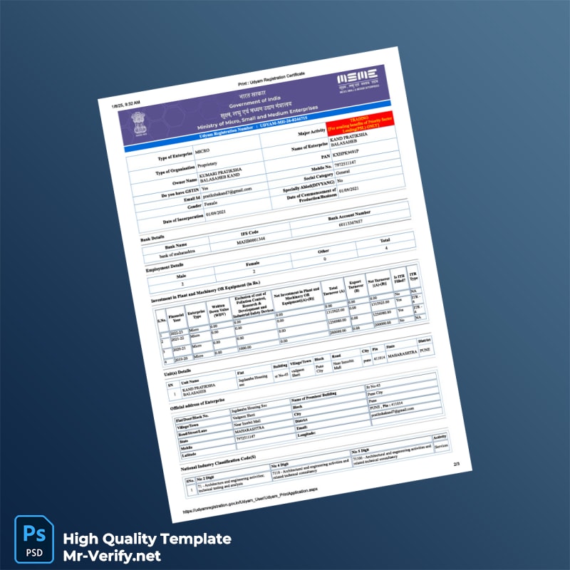 India MSME Editable Udyam Registration Certificate Template in Word and PDF formats page 2 India MSME Editable Udyam Registration Certificate Template in Word and PDF formats page 2