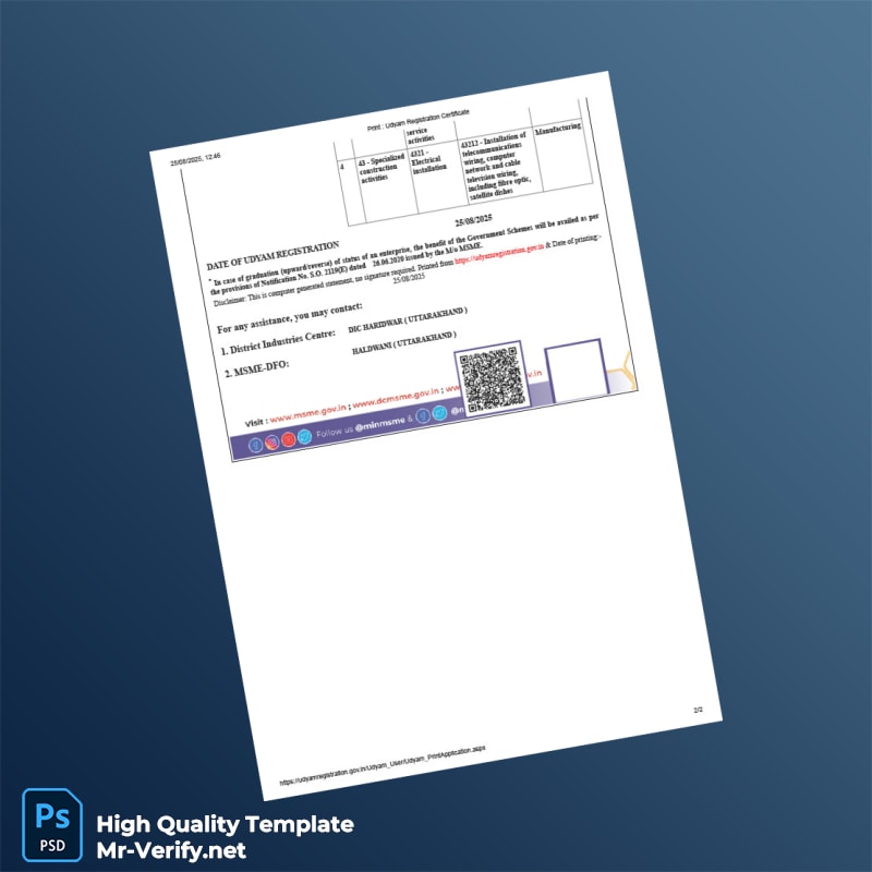 India MSME Ministry Udyam Registration Certificate Template in Word and PDF formats page 2 India MSME Ministry Udyam Registration Certificate Template in Word and PDF formats page 2