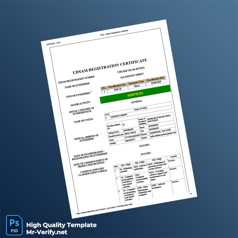 India MSME Ministry Udyam Registration Certificate Template in Word and PDF formats India MSME Ministry Udyam Registration Certificate Template in Word and PDF formats