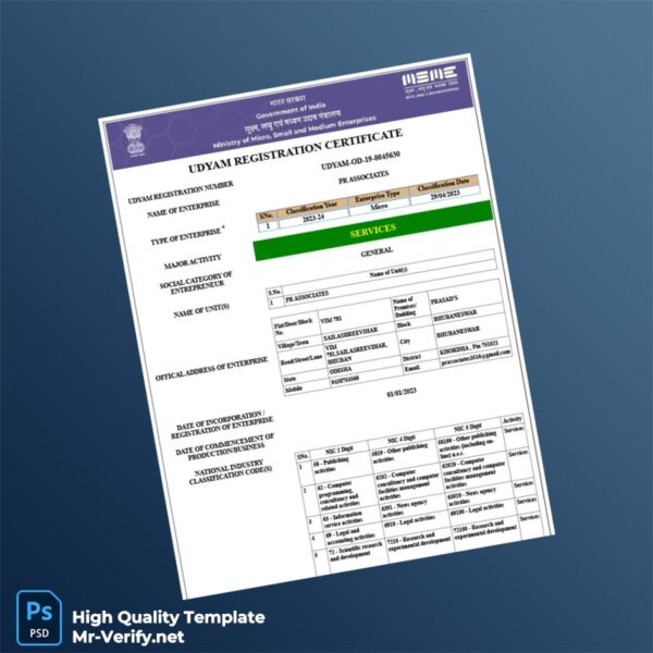 India MSME Ministry of Micro Small and Medium Enterprises Udyam Registration Certificate Template in Word and PDF formats India MSME Ministry of Micro Small and Medium Enterprises Udyam Registration Certificate Template in Word and PDF formats