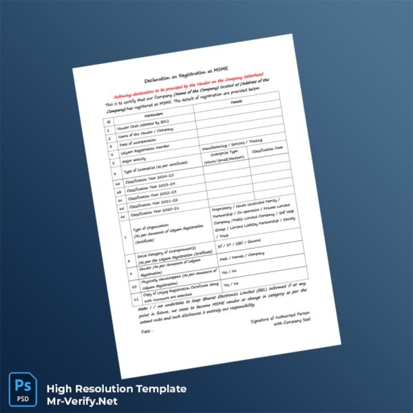 Editable India MSME Registration Declaration Word and Pdf Template Preview - Mac Doc