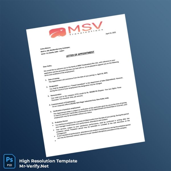 Editable India MSV Travelcations Pvt Ltd Employment Verification Letter Word and Pdf Template Preview - Mac Doc
