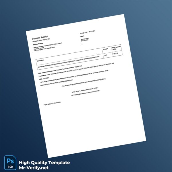 India Madhya Pradesh Paschim Kshetra Vidyut Vitaran Company Limited Receipt Template in Word and PDF formats