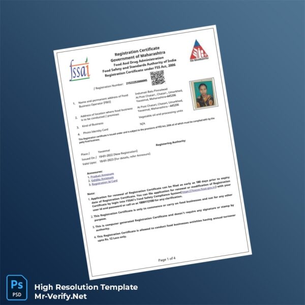 Editable India Maharashtra Food Business Registration Certificate Word and Pdf Template Preview - Mac Doc