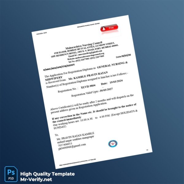 India Maharashtra Nursing Council Registration Certificate Template in Word and PDF formats