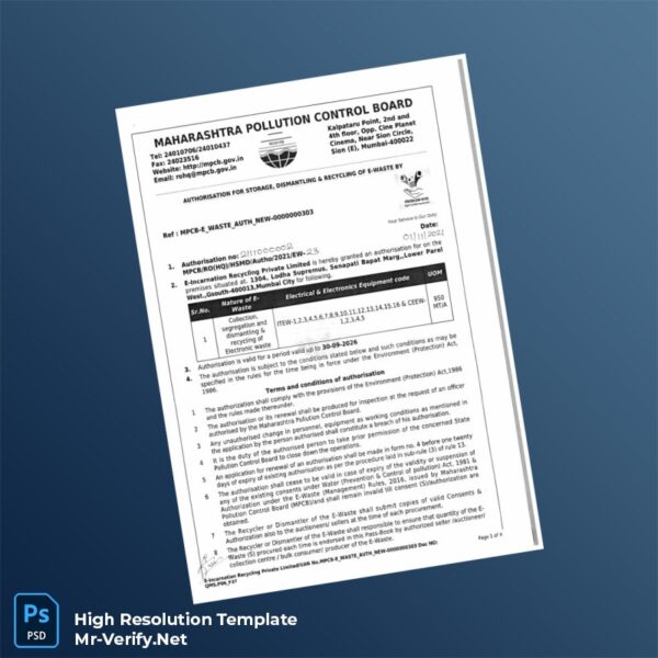 Editable India Maharashtra Pollution Control Board Registration Certificate Word and Pdf Template Preview - Mac Doc