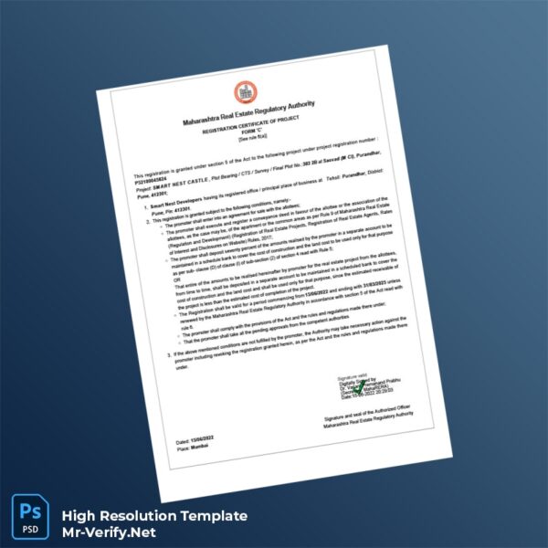 Editable India Maharashtra Real Estate Regulatory Authority Registration Certificate Word and Pdf Template Preview - Mac Doc