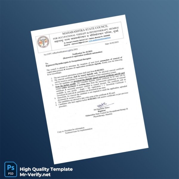 India Maharashtra State Council for Occupational Therapy and Physiotherapy Registration Certificate Template in Word and PDF for