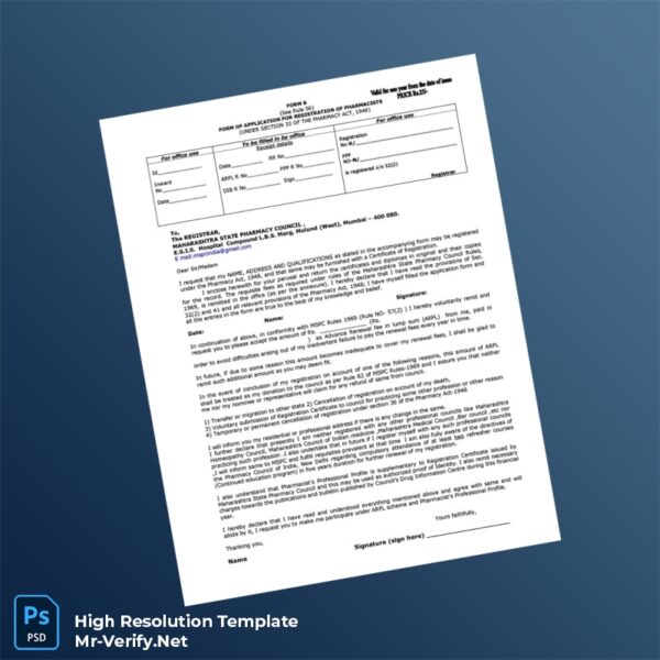 Editable India Maharashtra State Pharmacy Council Editable Pharmacy Medical Registration Form Word and Pdf Template Preview