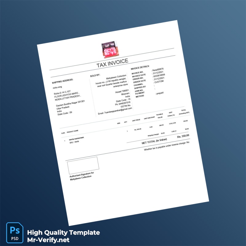 India Mahjabeen Collection Tax Invoice Template in Word and PDF formats India Mahjabeen Collection Tax Invoice Template in Word and PDF formats