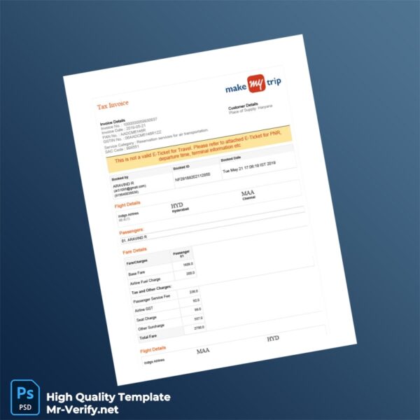 India MakeMyTrip Invoice Template in Word and PDF formats