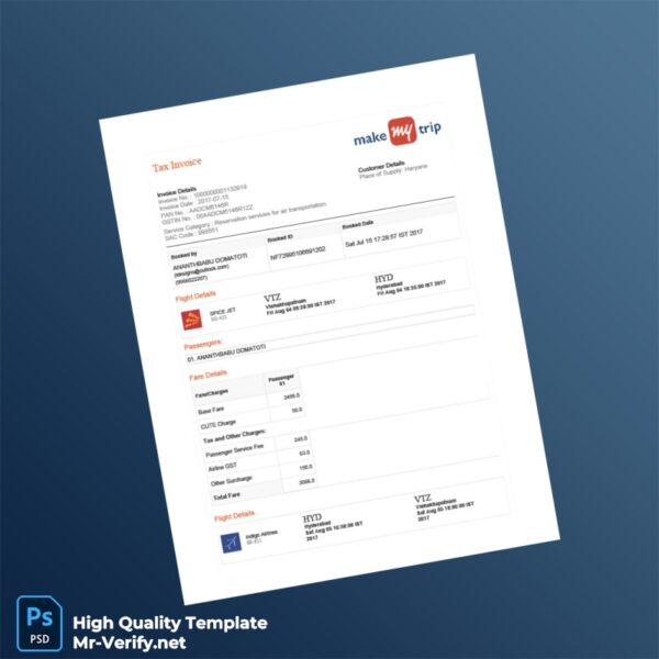 India MakeMyTrip Tax Invoice Template in Word and PDF formats