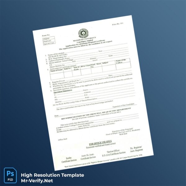 Editable India Manipur University Original Certificate Word and Pdf Template Preview - Mac Doc