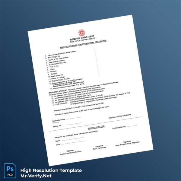 Editable India Manipur University Provisional Certificate Word and Pdf Template Preview - Mac Doc