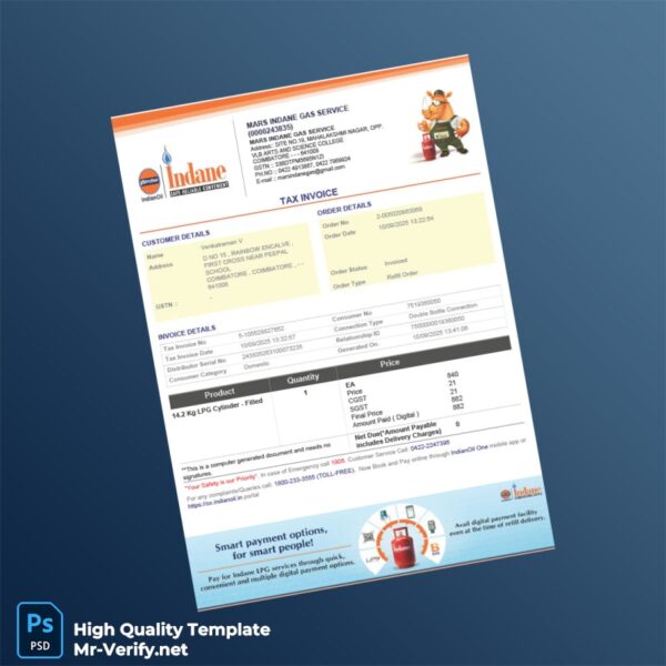 India Mars Indane Gas Service Tax Invoice Template in Word and PDF formats