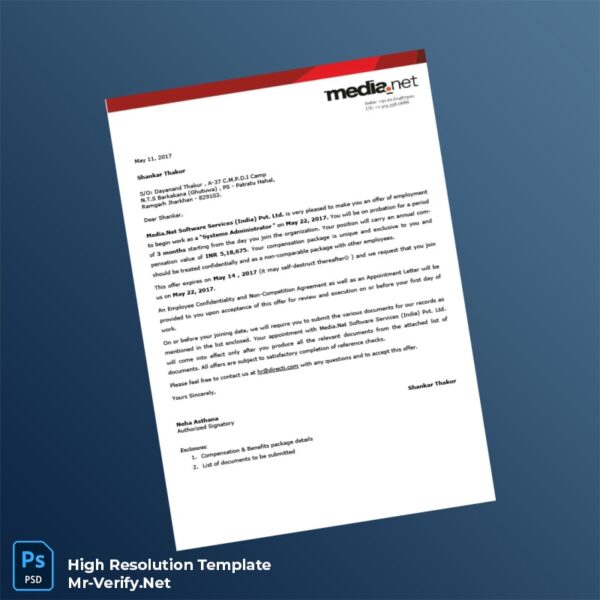 Editable India Media Net Software Services India Pvt Ltd Employment Verification Letter Word and Pdf Template Preview - Mac Doc