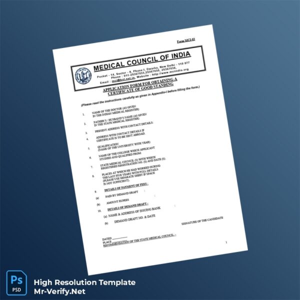 Editable India Medical Council Certificate of Good Standing Word and Pdf Template Preview - Mac Doc