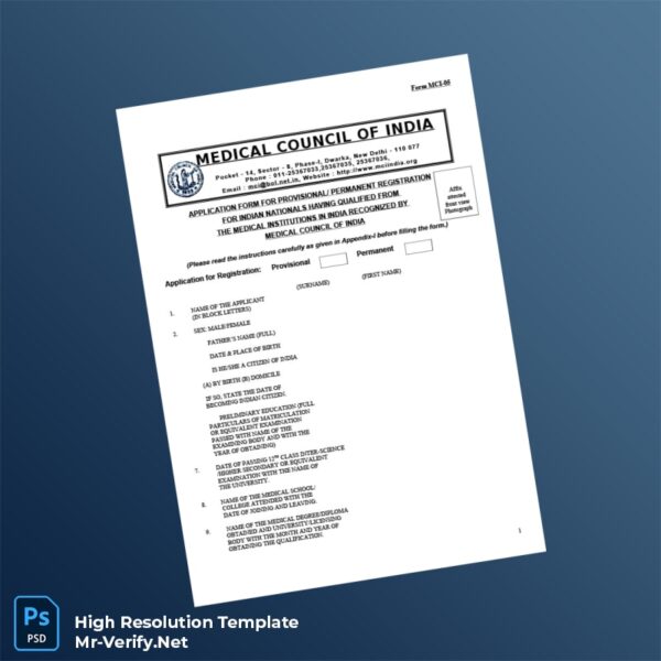 Editable India Medical Council Registration Certificate Word and Pdf Template Preview - Mac Doc
